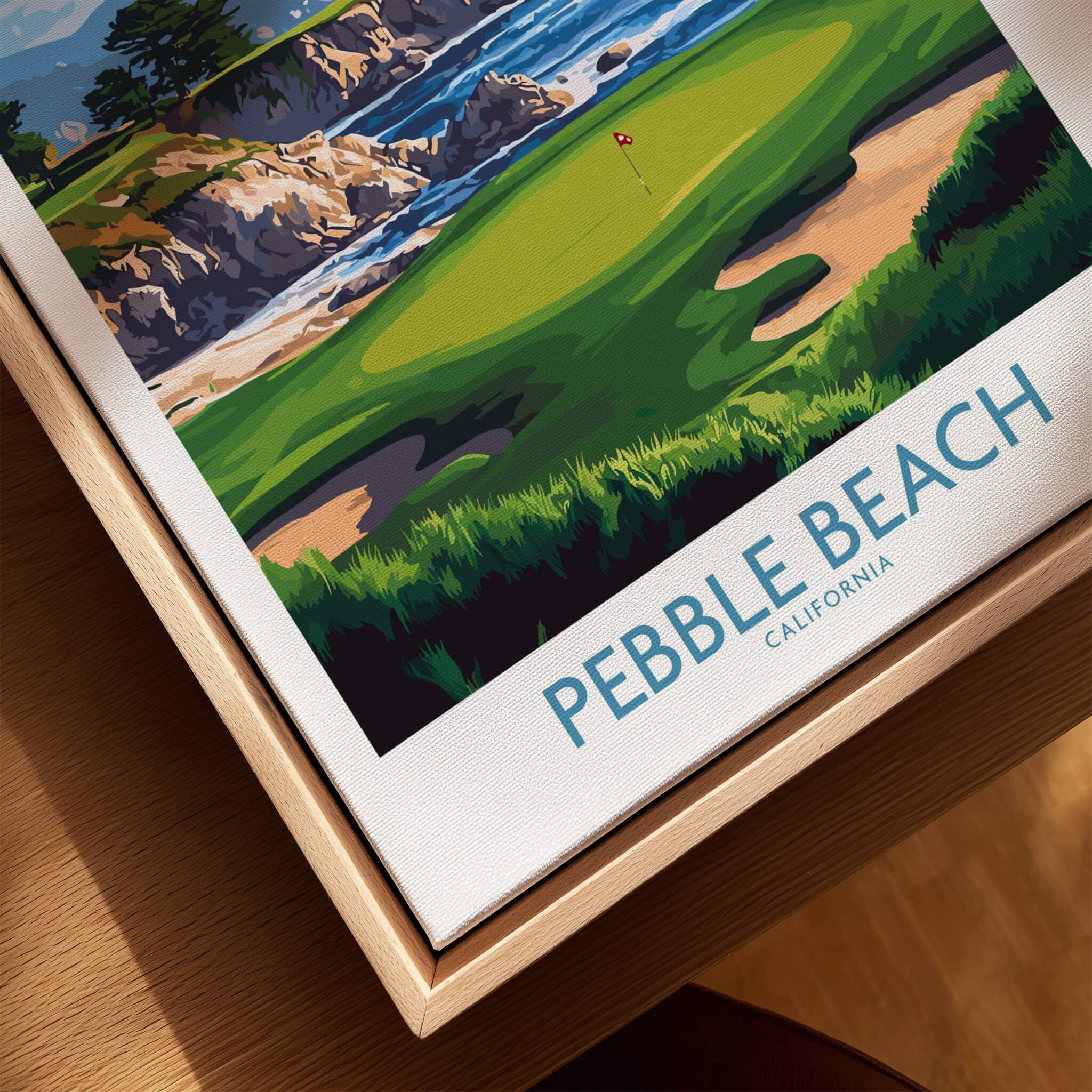 Pebble Beach Golf Poster - California Championship Golf Course Wall Art displayed in a stylish wooden frame.
