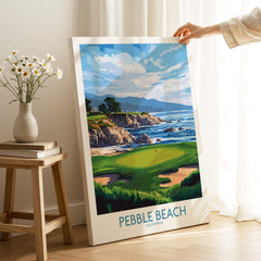 Pebble Beach Golf Poster - California Championship Golf Course Wall Art showcasing stunning coastal views and iconic cypress trees.