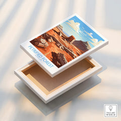 Petrified Forest National Park canvas print with desert landscape and blue sky, floating frame detail.