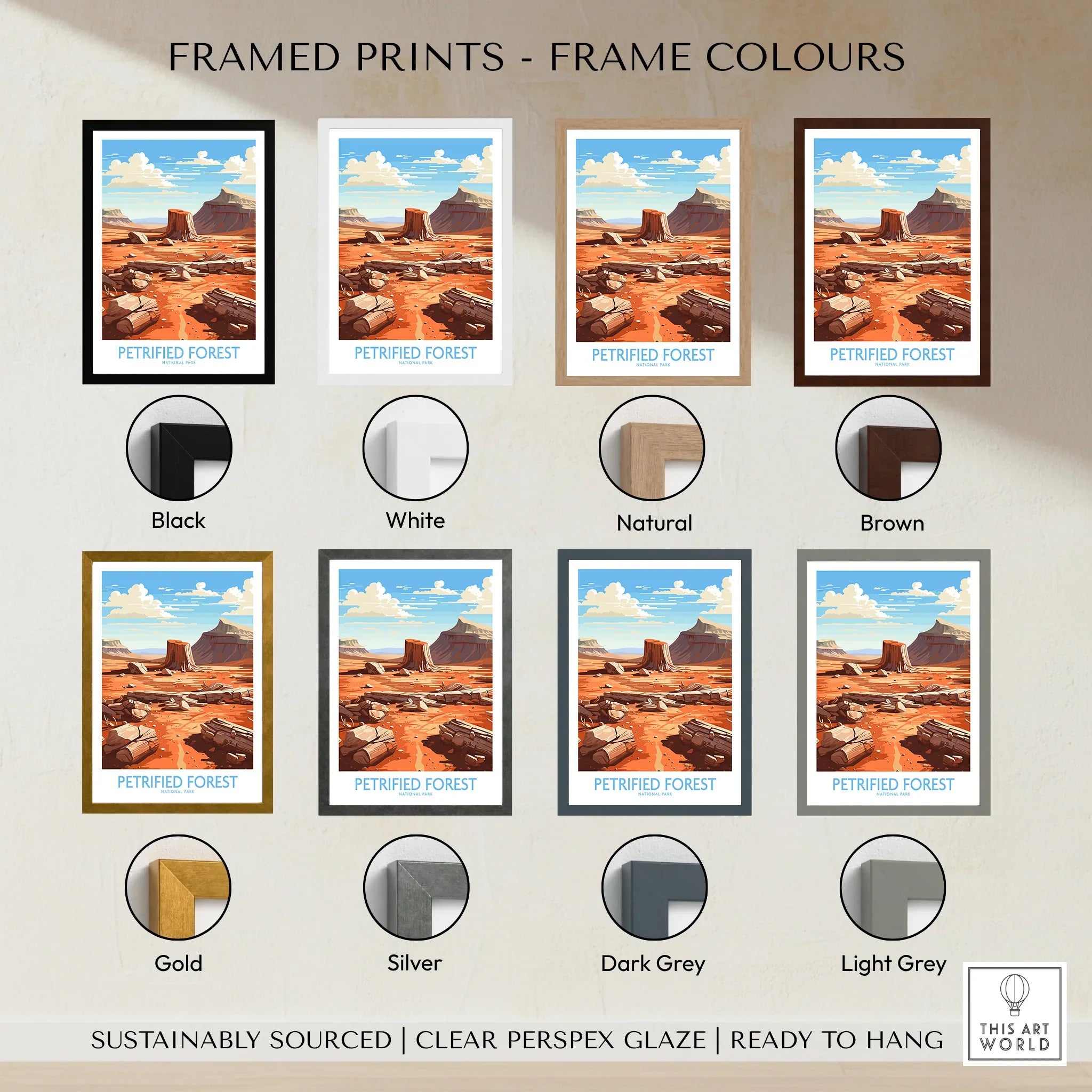 Petrified Forest National Park art print displayed in eight frame color options, desert landscape