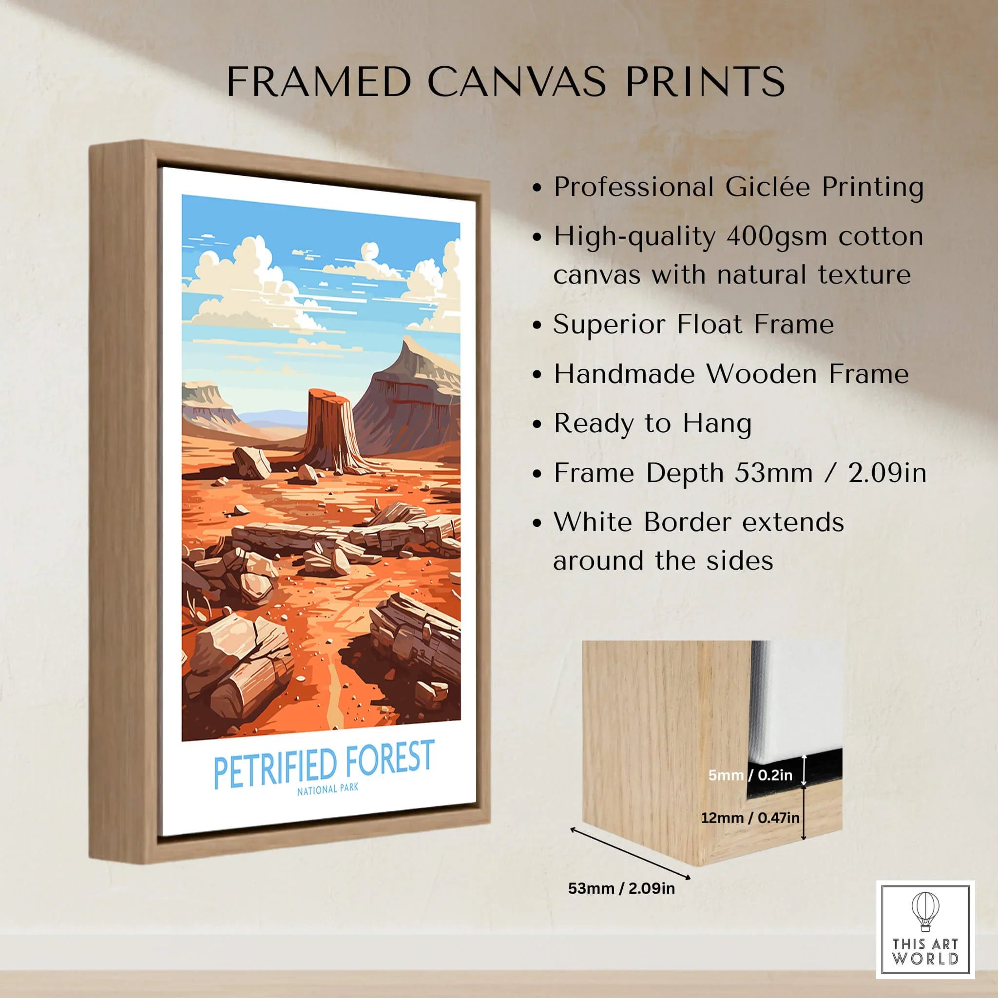 Petrified Forest National Park travel poster in wooden float frame, canvas wall art