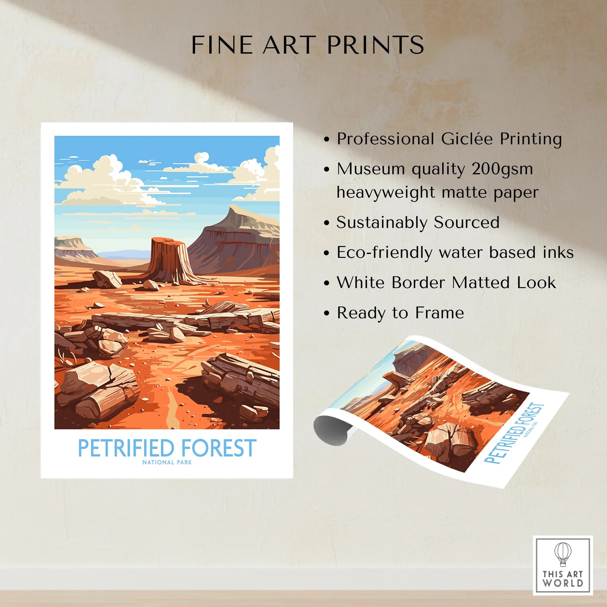 Petrified Forest National Park art print with desert landscape, red rock formations, and blue sky.