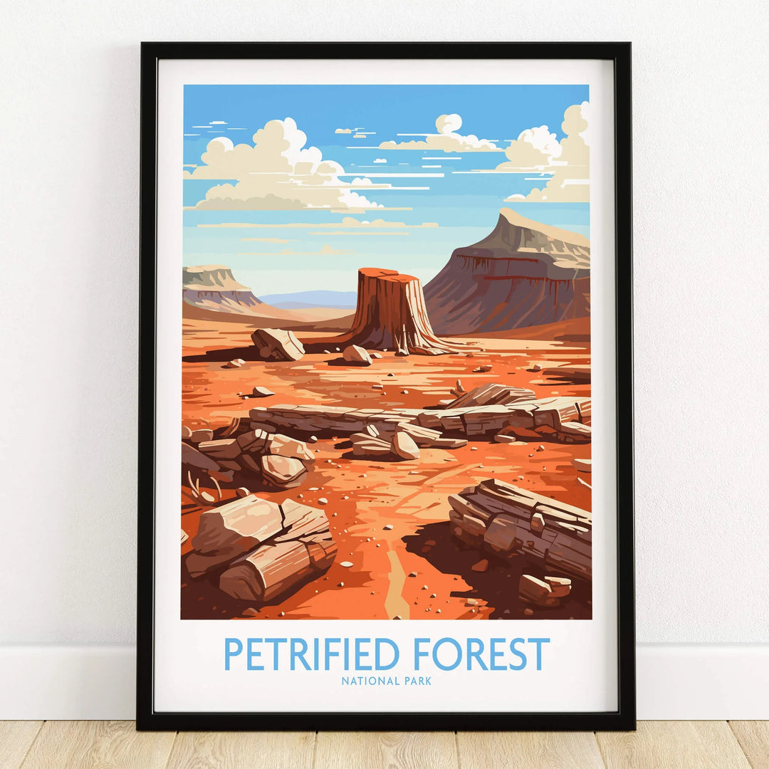 Petrified Forest National Park art print in black frame on wooden floor, desert landscape.