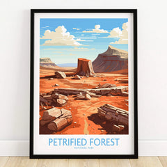 Petrified Forest National Park art print in black frame on wooden floor, desert landscape.