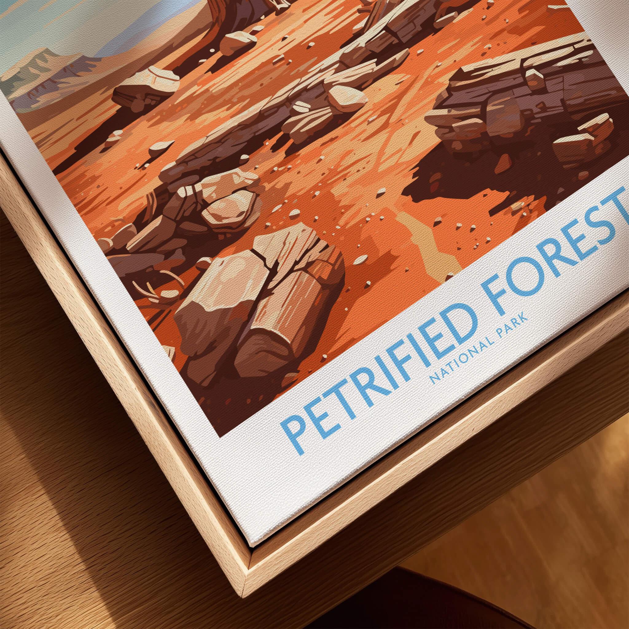 Petrified Forest National Park art print in natural wood frame, close-up view