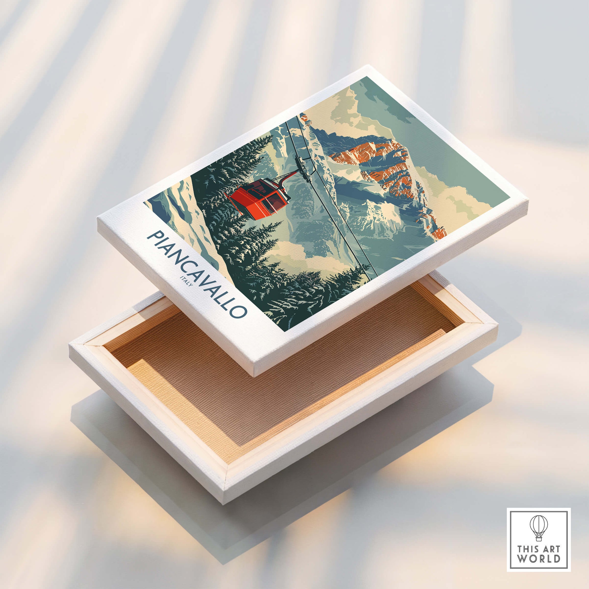 Piancavallo Ski Print - Italy on a box, showcasing the beautiful ski slopes and cable car.