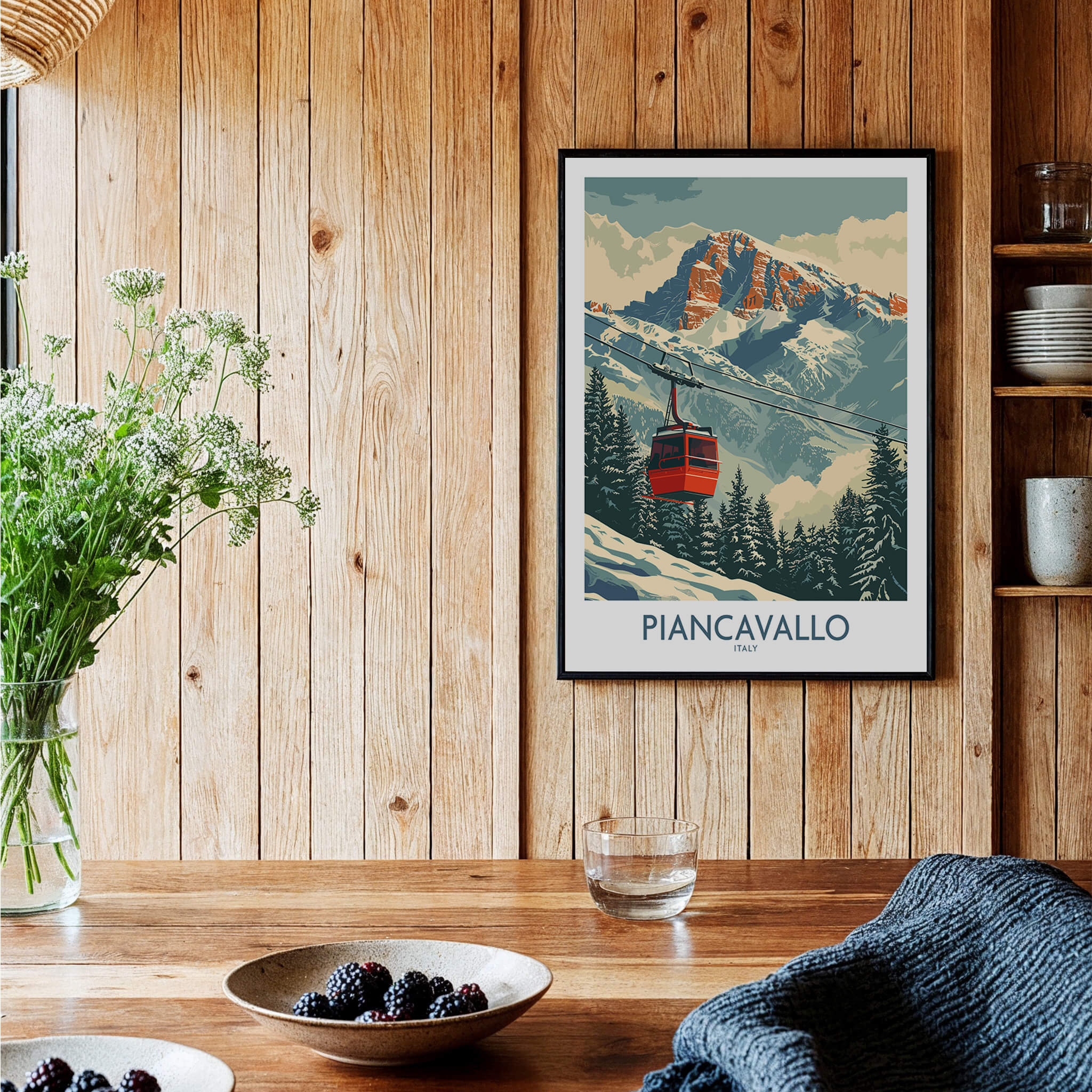 Piancavallo Ski Print - Italy displayed in a cozy setting with wood accents and a floral arrangement.
