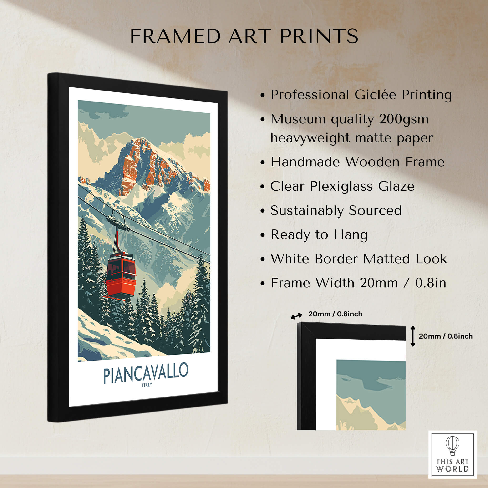 Piancavallo Ski Print - Italy framed art print showcasing ski slopes and gondola in a beautiful setting.