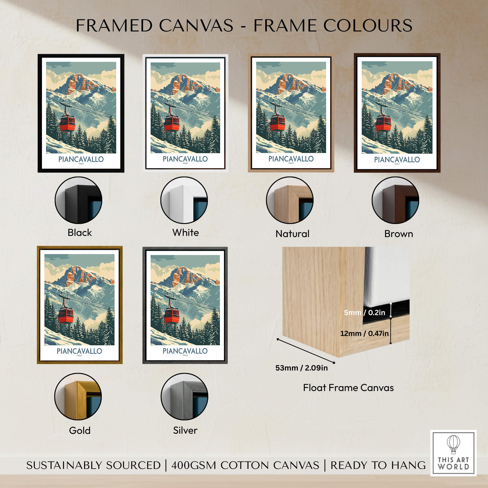 Piancavallo Ski Print - Italy framed canvas options including black, white, natural, brown, gold, and silver frames.