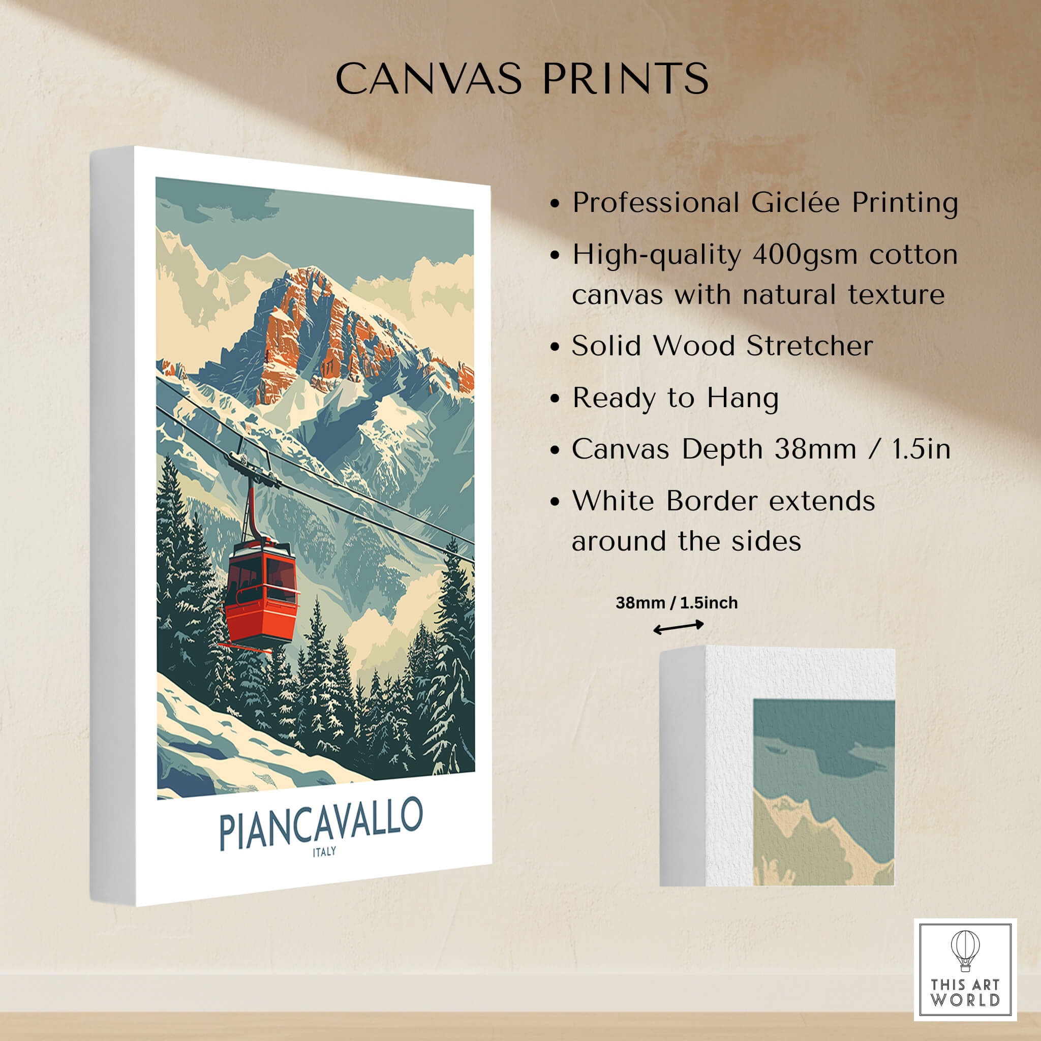 Piancavallo Ski Print - Italy canvas print featuring ski slopes and red gondola in stunning mountain scenery.