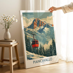Piancavallo Ski Print - Italy featuring a red gondola in the mountains, perfect for ski enthusiasts.