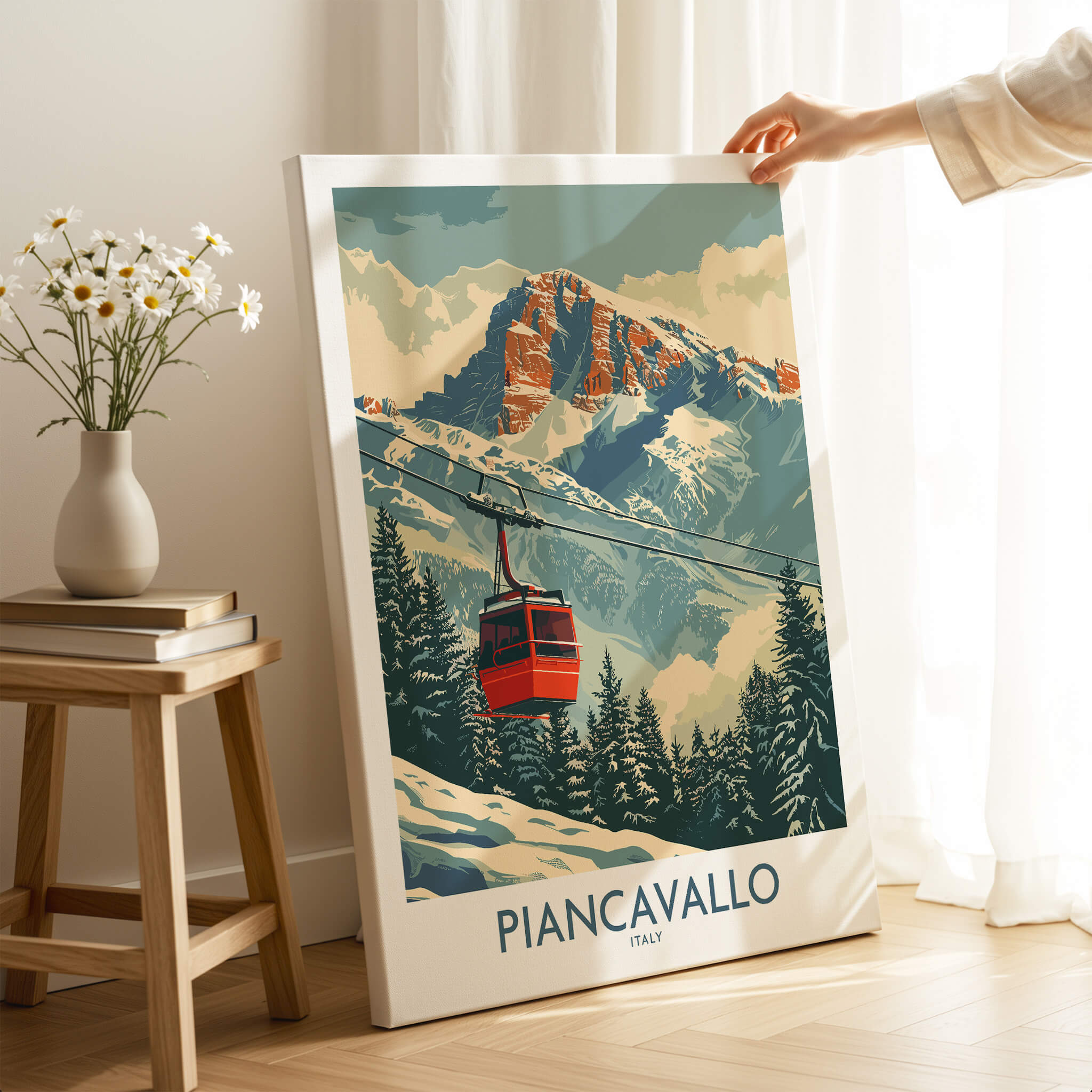 Piancavallo Ski Print - Italy featuring a red gondola in the mountains, perfect for ski enthusiasts.