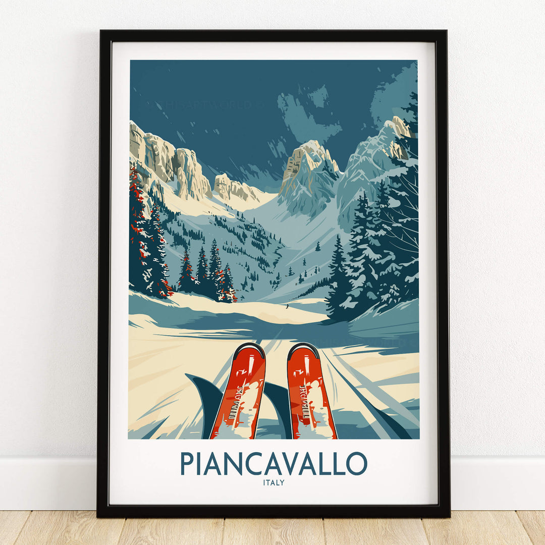 Piancavallo Wall Art Ski Print showcasing stunning snow-covered mountains and ski tracks in Italy.