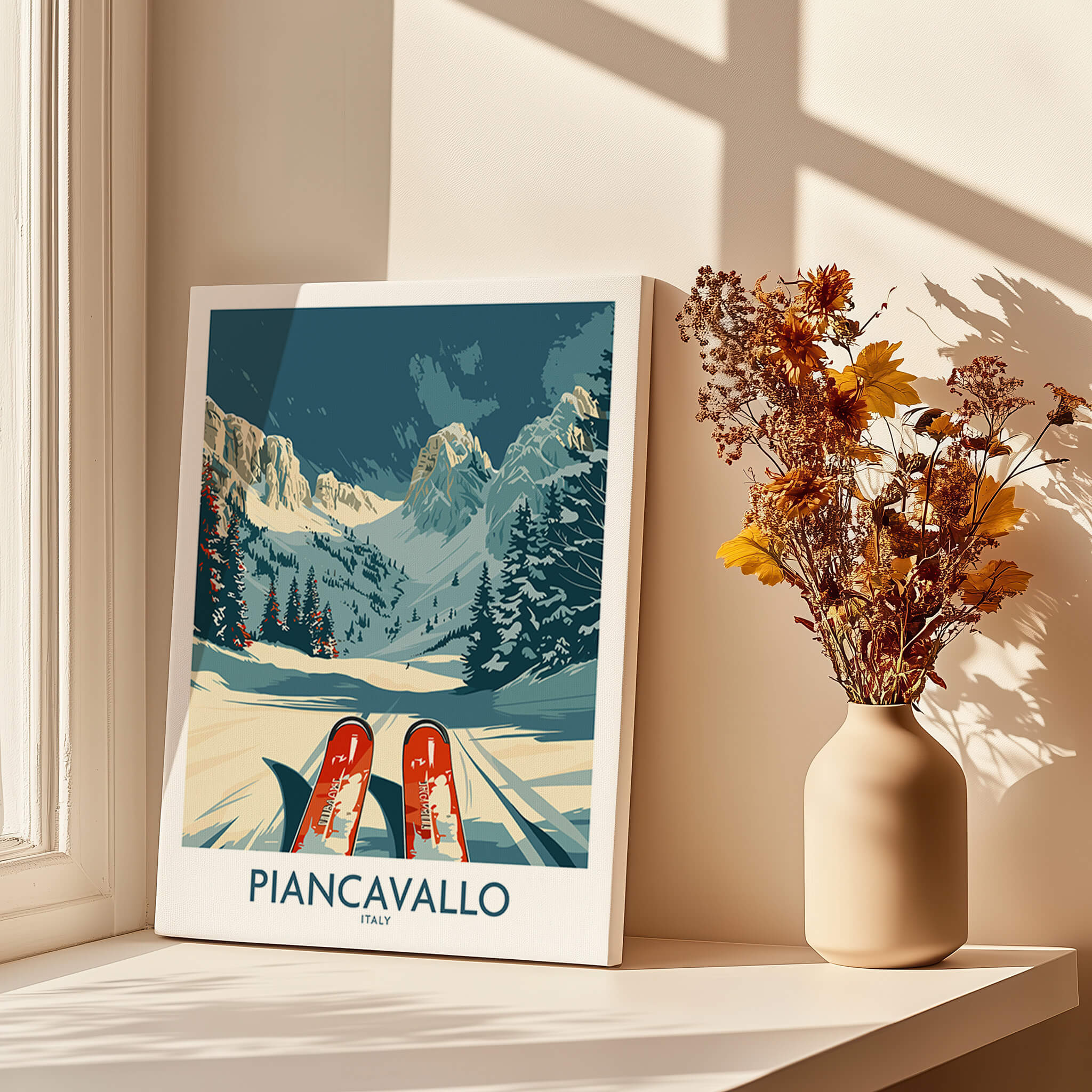 Piancavallo Wall Art Ski Print showcasing stunning snowy slopes and pine trees in a decorative setting.