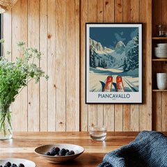 Piancavallo Wall Art Ski Print showcasing skiing in a snowy mountain landscape, ideal for home decor.