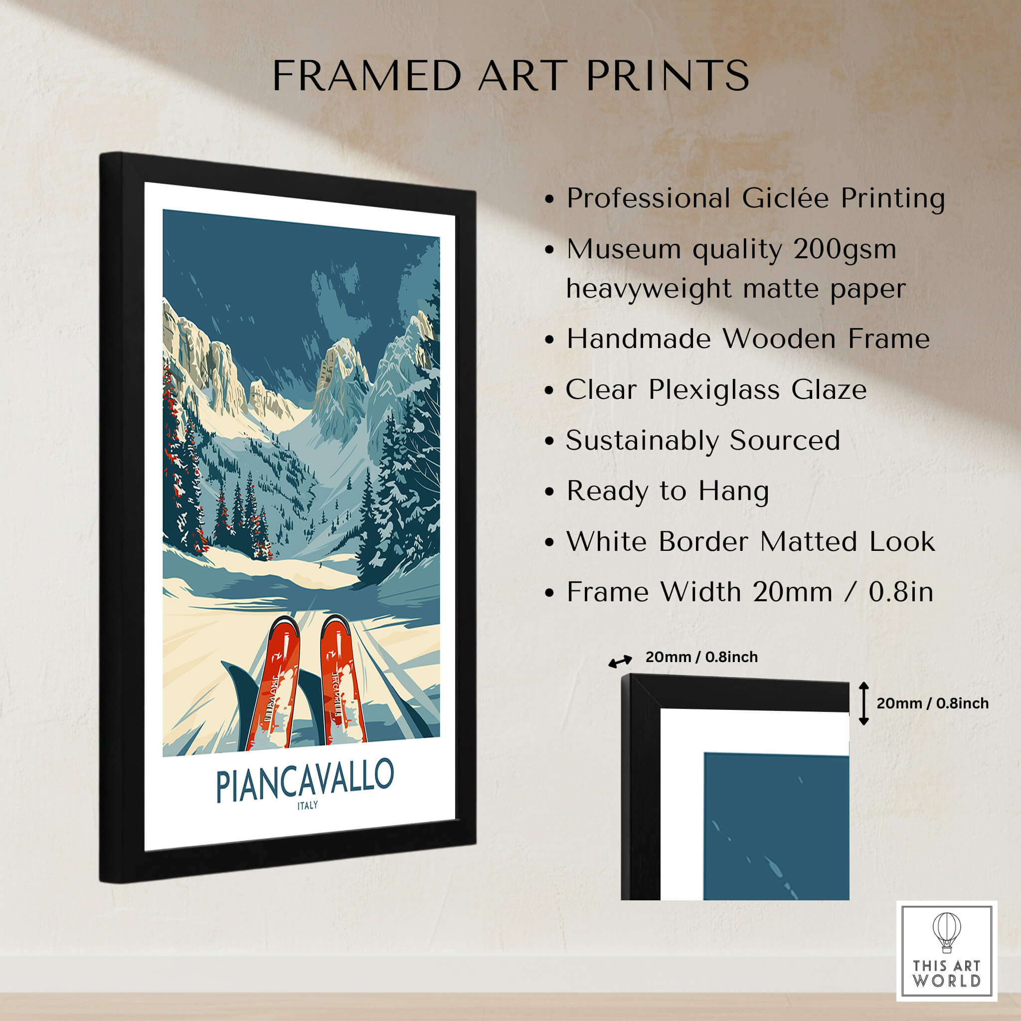 Piancavallo Wall Art Ski Print framed art print showcasing skiing beauty with handmade wooden frame and quality materials.