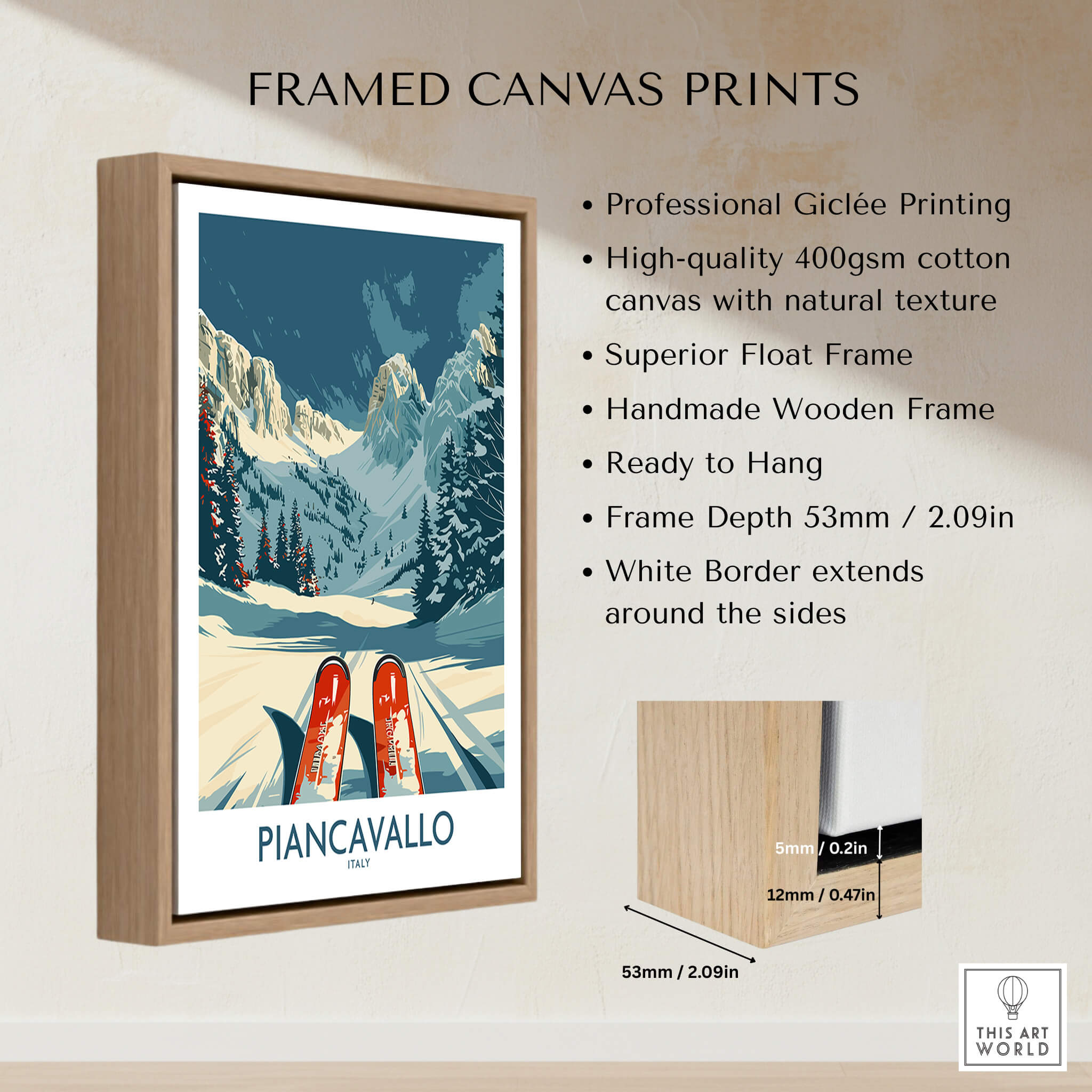 Piancavallo Wall Art Ski Print framed canvas print with professional Giclée printing showcasing skiing in Piancavallo.