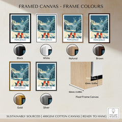Piancavallo Wall Art Ski Print showcasing various frame colors: Black, White, Natural, Brown, Gold, and Silver.