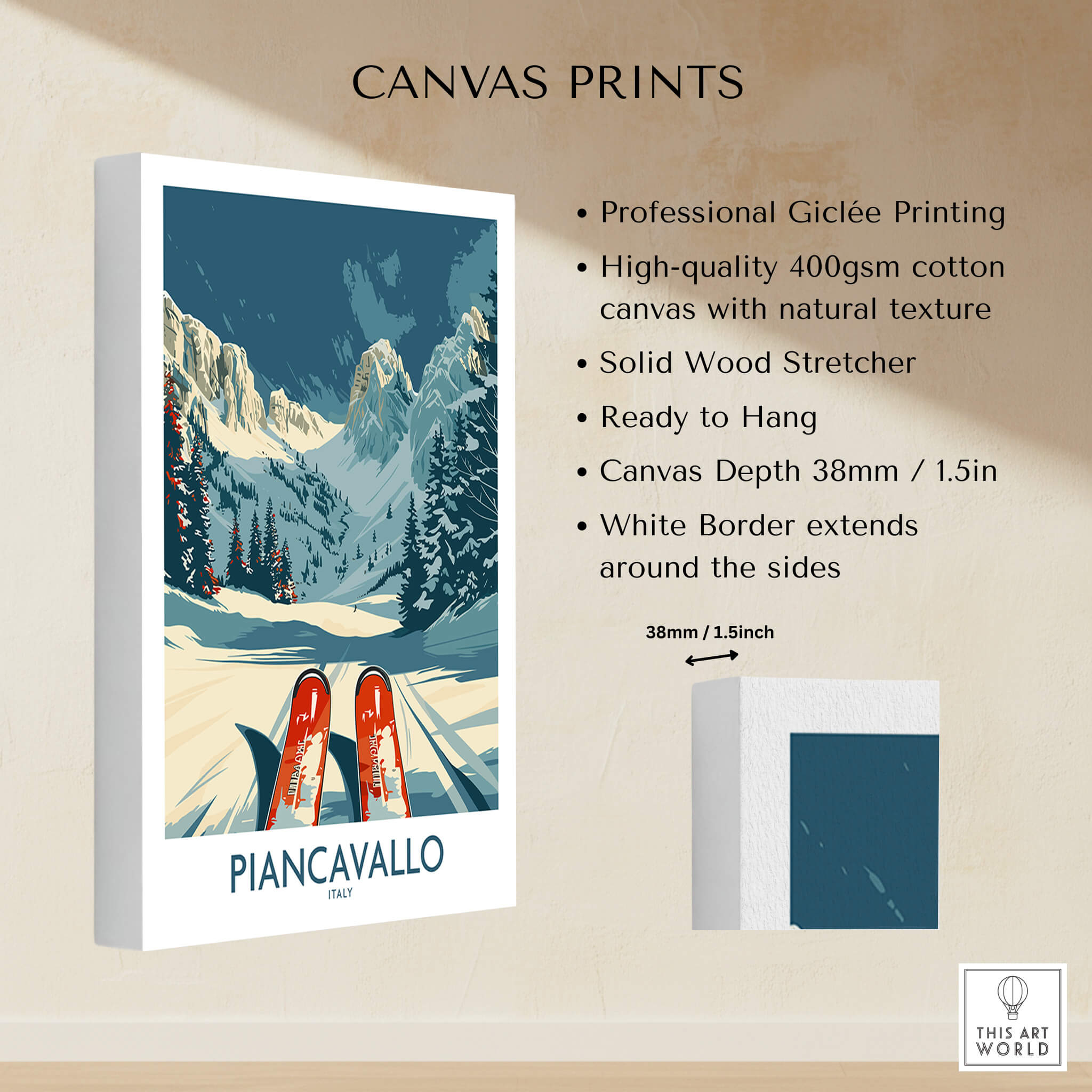 Piancavallo Wall Art Ski Print featuring ski design on high-quality canvas, ready to hang with modern style.