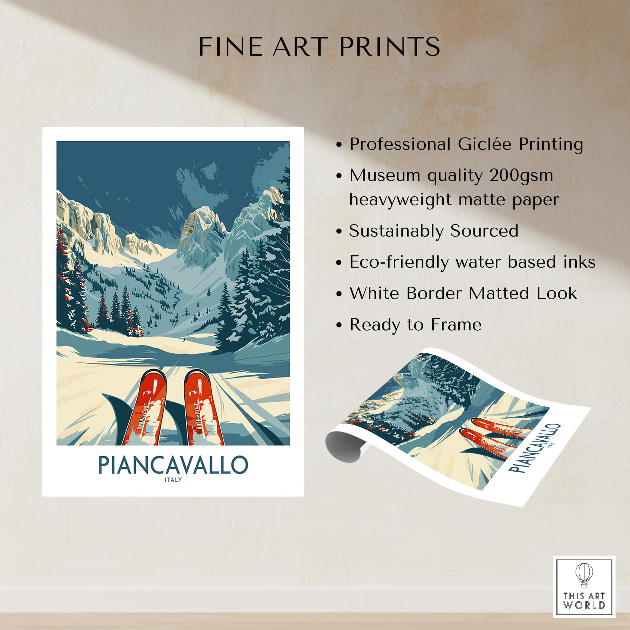 Piancavallo Wall Art Ski Print showcasing skiing in a beautiful mountain landscape with vibrant colors and professional quality.