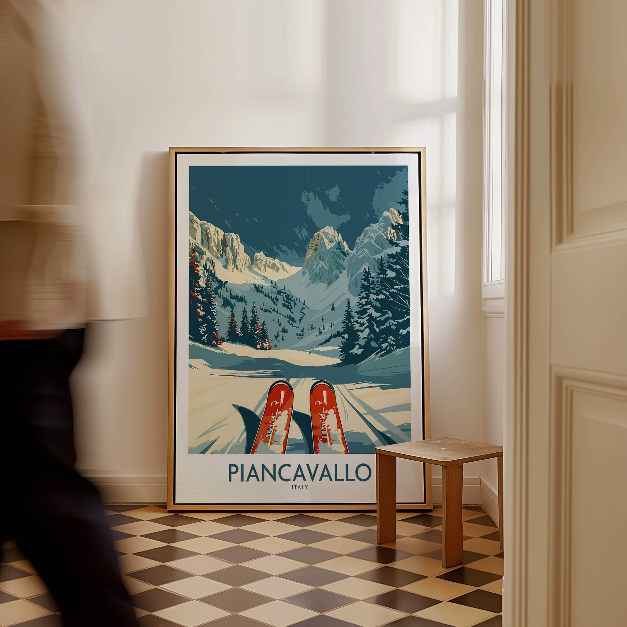 Piancavallo Wall Art Ski Print in a stylish interior, featuring snowy mountains and ski gear.