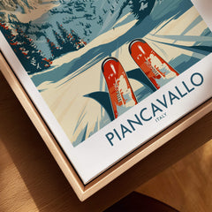 Piancavallo Wall Art Ski Print featuring vibrant colors and ski equipment in a picturesque mountain setting.