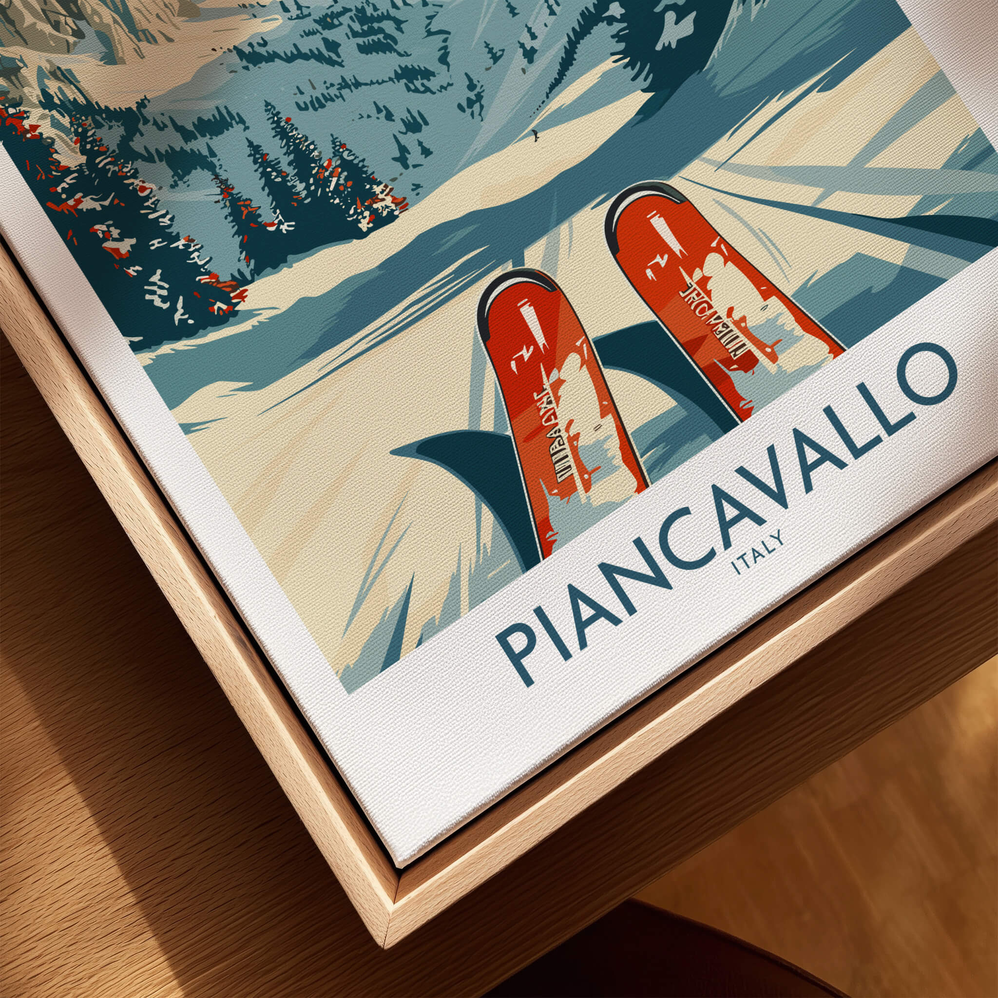 Piancavallo Wall Art Ski Print featuring vibrant colors and ski equipment in a picturesque mountain setting.