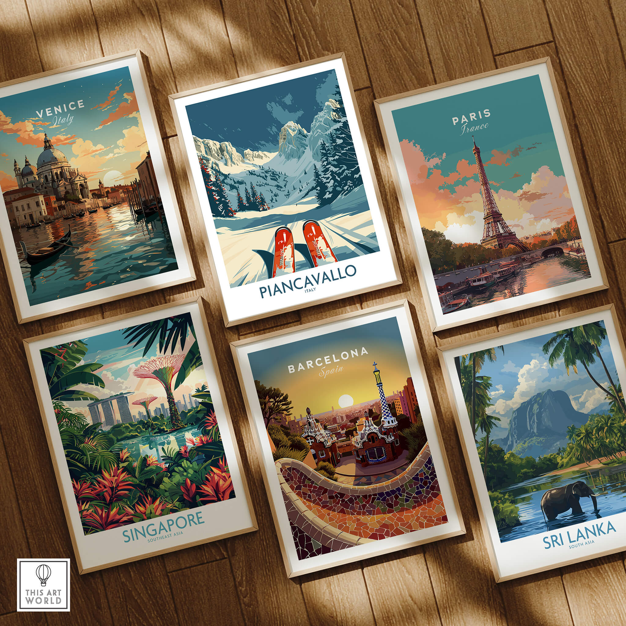 Piancavallo Wall Art Ski Print among travel-themed art prints showcasing Venice, Paris, Singapore, Barcelona, and Sri Lanka.