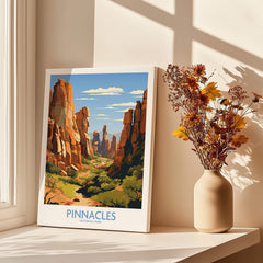 Pinnacles National Park art print on windowsill with vase of dried flowers in sunlight