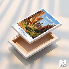 Pinnacles National Park travel poster print on floating canvas with rocky landscape illustration