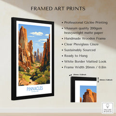 Framed Pinnacles National Park art print with black wooden frame, white border, and product details.