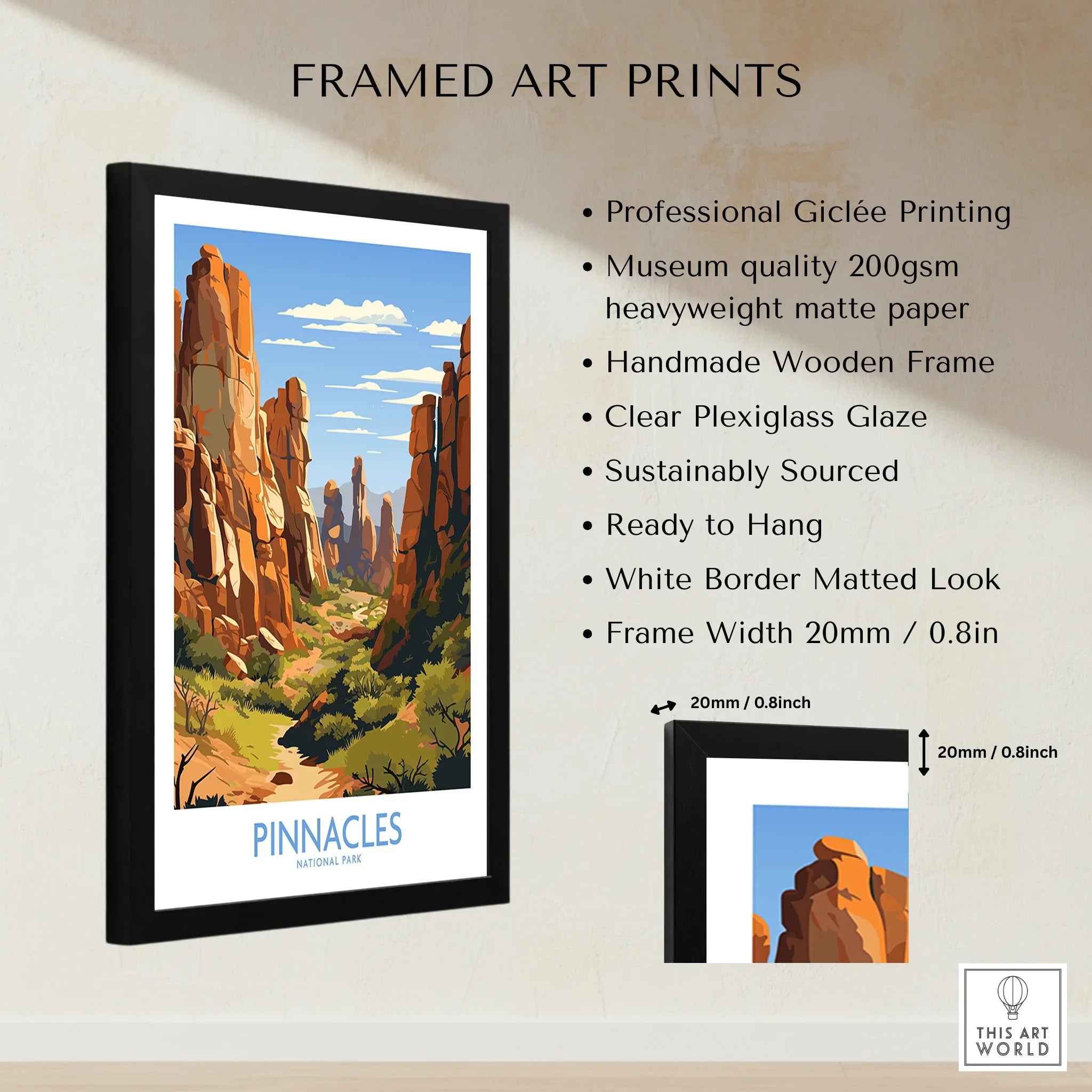 Framed Pinnacles National Park art print with black wooden frame, white border, and product details.