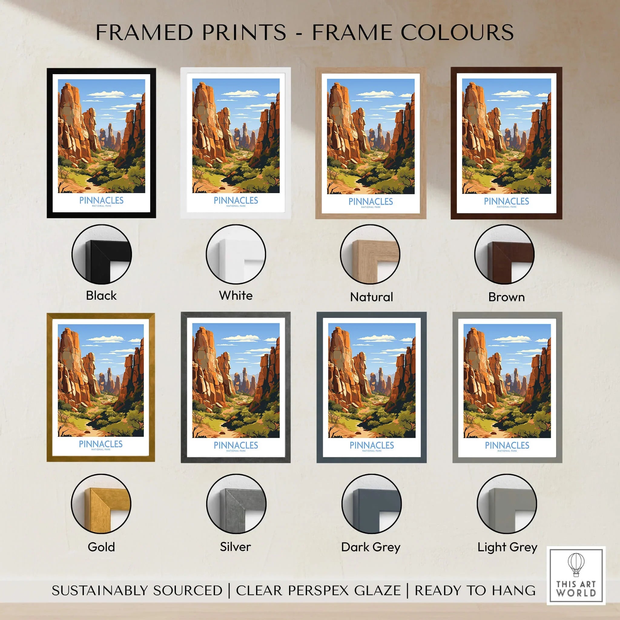 Pinnacles National Park travel art print in eight frame color options, landscape wall decor.