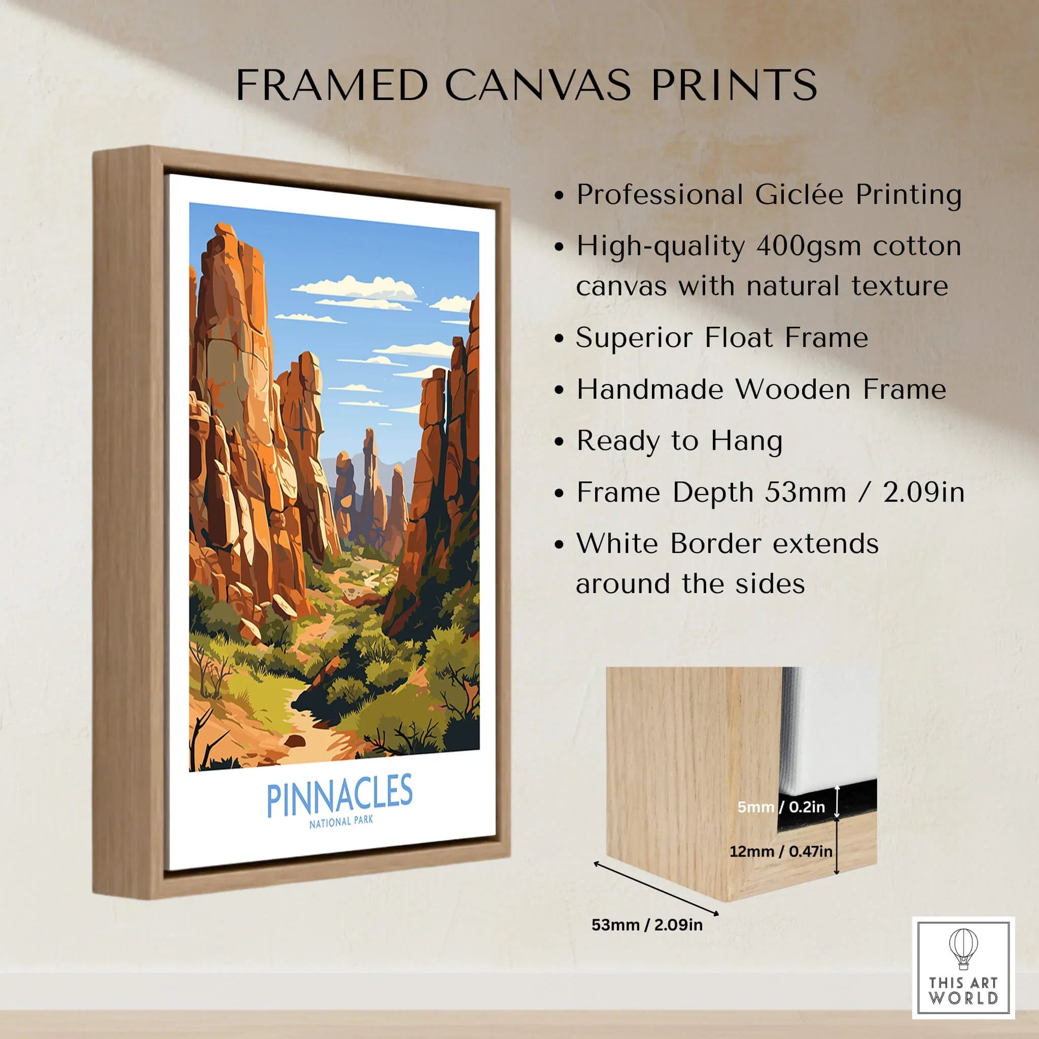 Framed Pinnacles National Park travel poster in wooden float frame, canvas wall art print.
