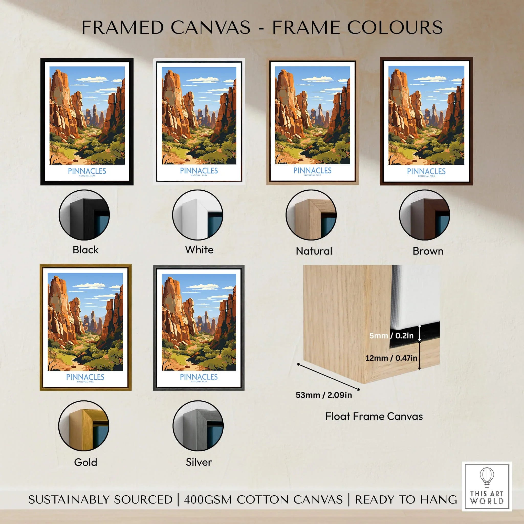 Framed canvas art print of Pinnacles National Park with six frame color options shown.