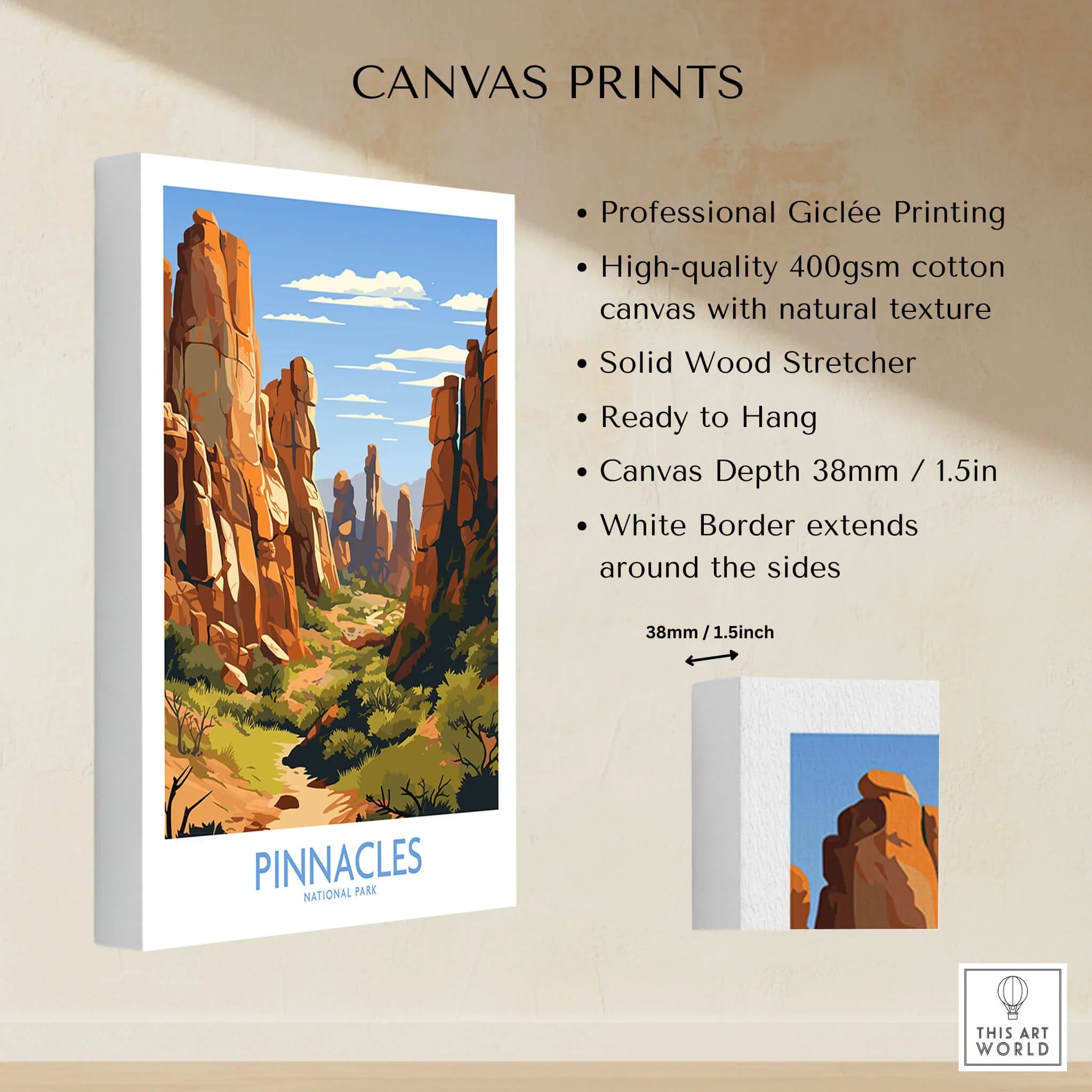 Pinnacles National Park canvas wall art print with vivid rock formations and cotton canvas details