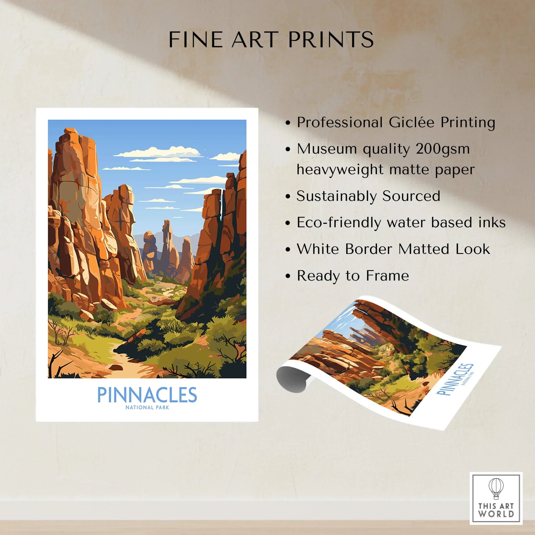 Pinnacles National Park fine art print with colorful rock formations and desert landscape, unframed.