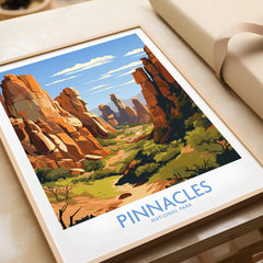 Framed Pinnacles National Park art print closeup showing vibrant rock formations and blue sky.