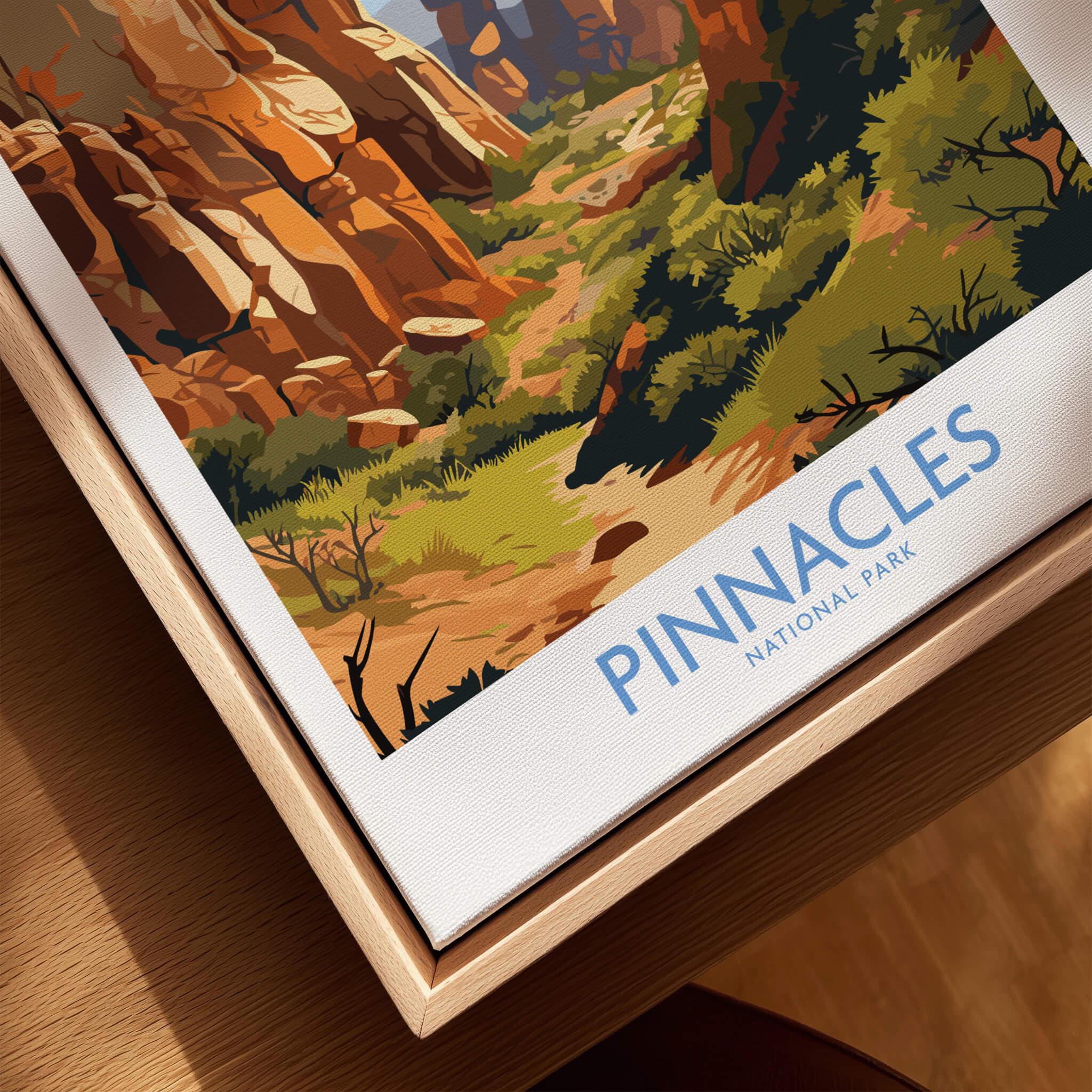 Framed canvas wall art of Pinnacles National Park travel poster with rocky landscape