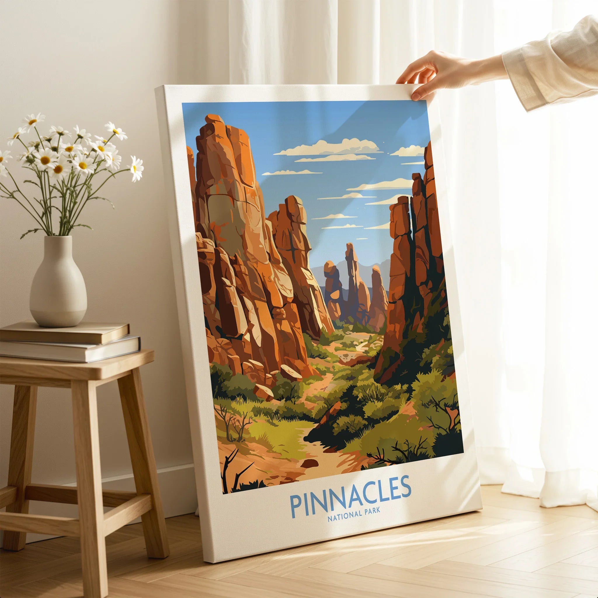 Pinnacles National Park art print with rocky landscape, displayed in bright modern room