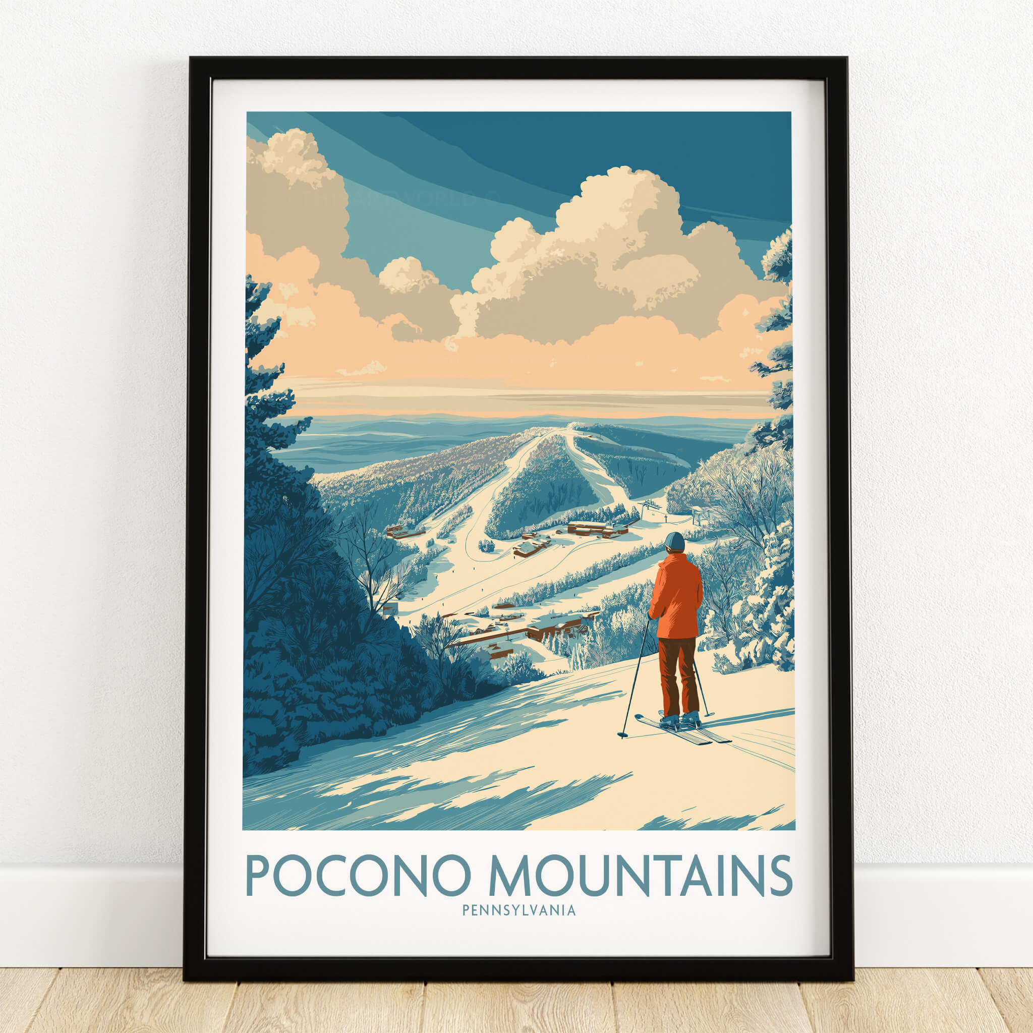Pocono Mountains ski poster with skier overlooking snowy landscape and scenic trails
