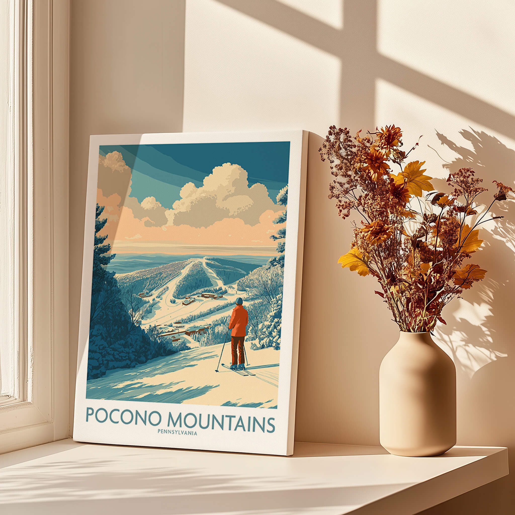 Pocono Mountains travel poster with skier, scenic snowy landscape, and autumn flowers on shelf