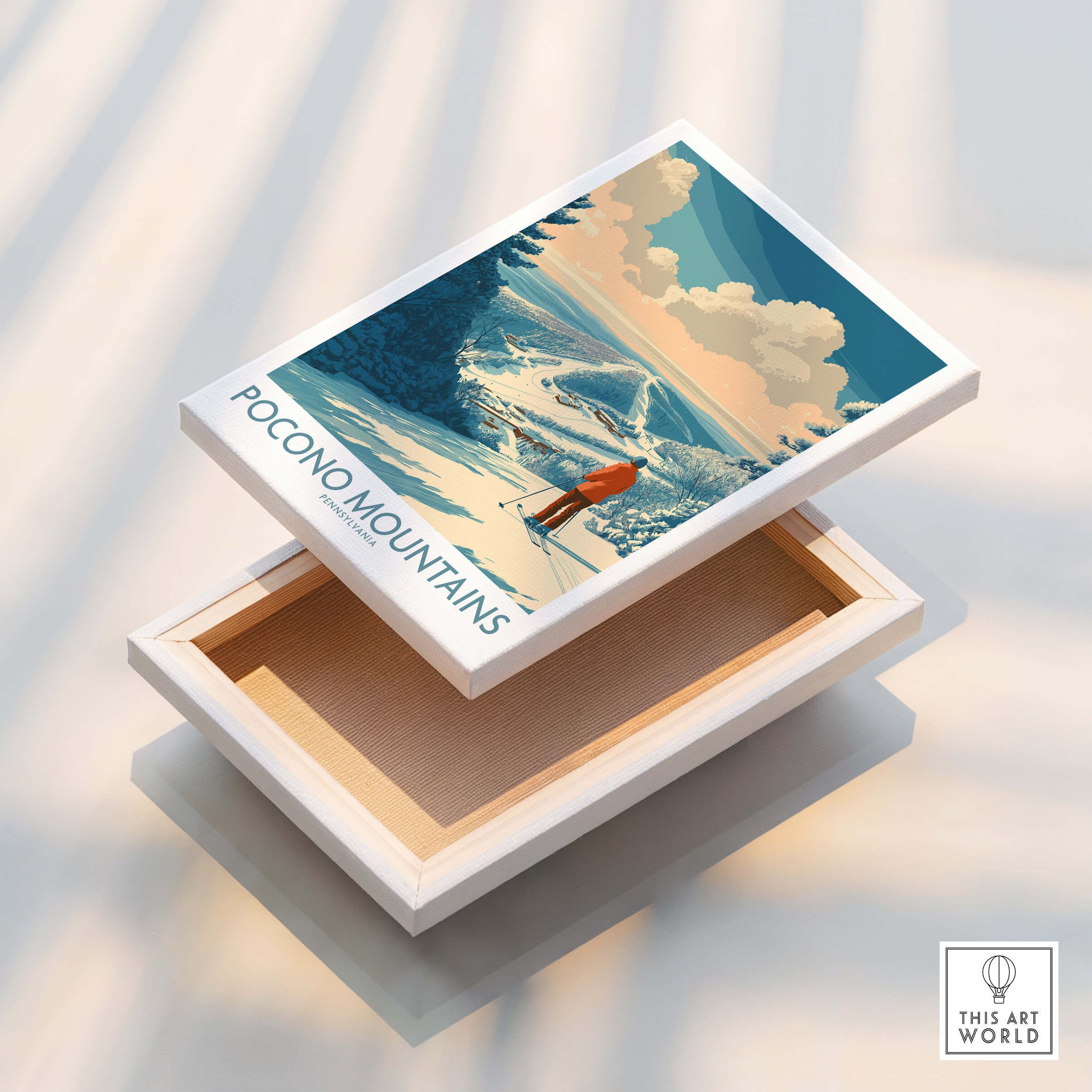 Pocono Mountains ski resort travel poster print on a modern canvas storage box lid