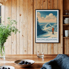 Pocono Mountains Pennsylvania ski poster hanging on wood wall in rustic dining room