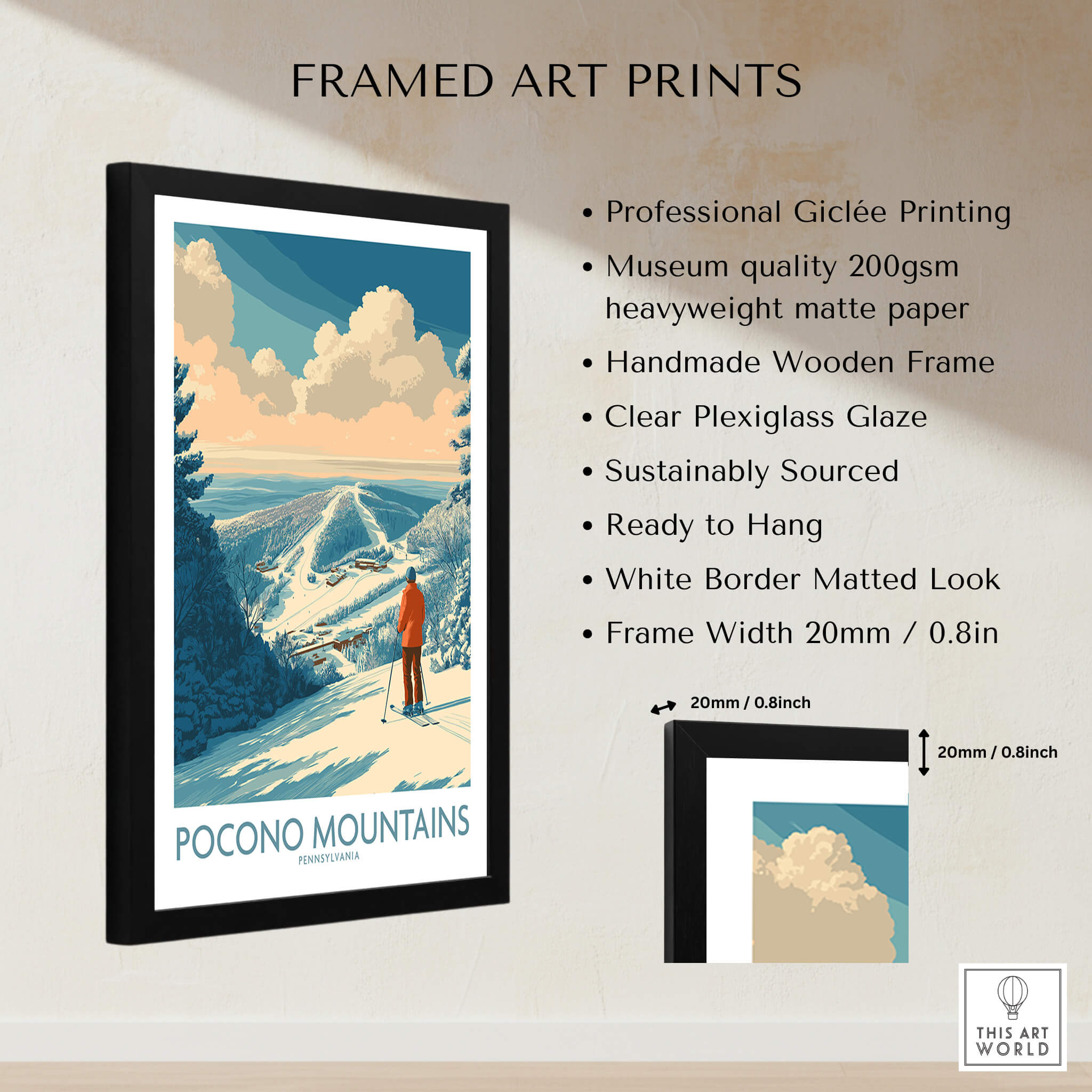 Framed Pocono Mountains travel art print with skier, snowy landscape, and mountain view.