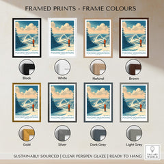 Pocono Mountains travel poster wall art in eight frame colors, featuring snowy ski slopes.