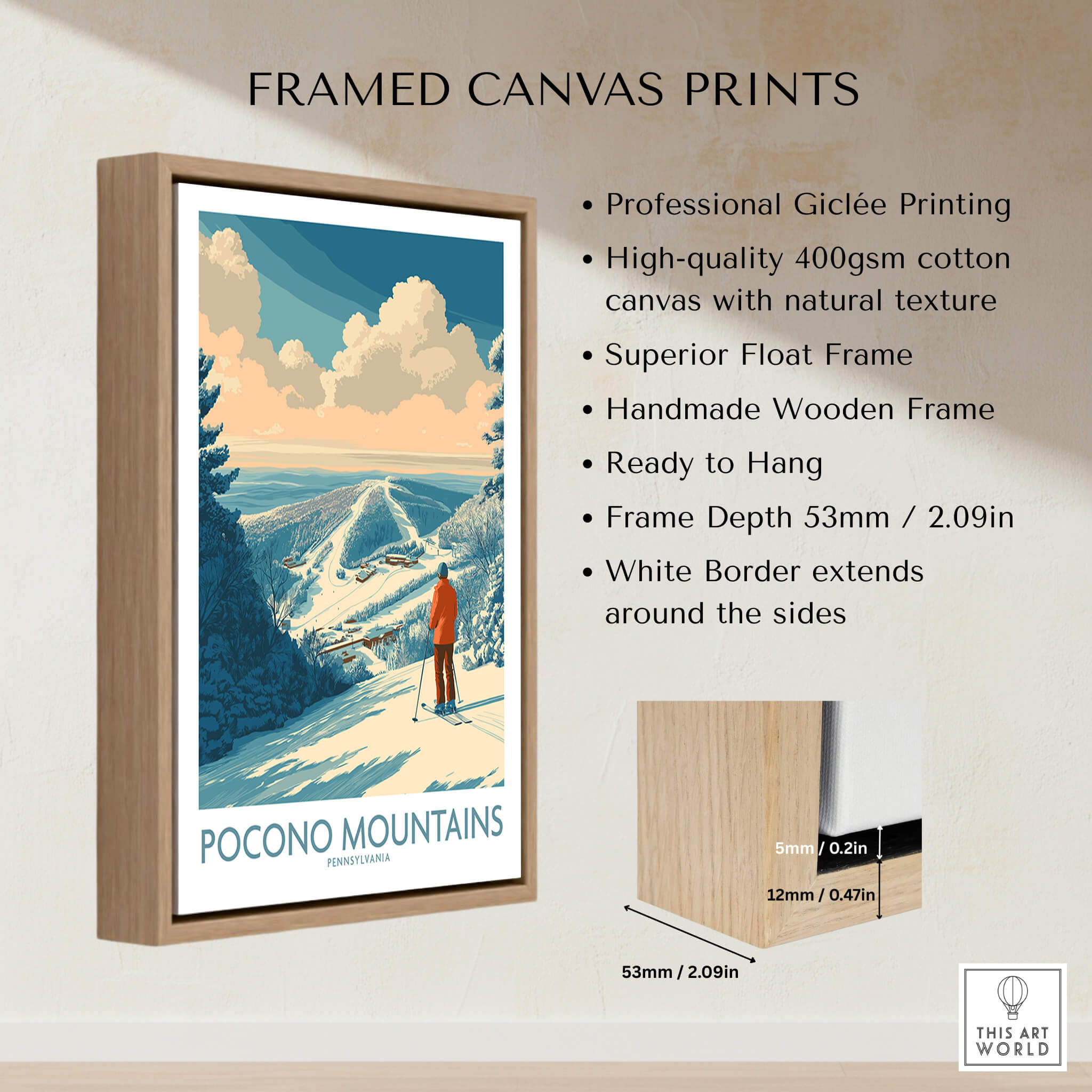Framed canvas print of Poconos Mountains ski scene with skier, float frame and product features.