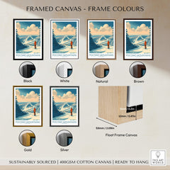 Framed Pocono Mountains ski poster with six frame color options including black, white, natural, brown, gold, and silver, shown on ready-to-hang canvas.