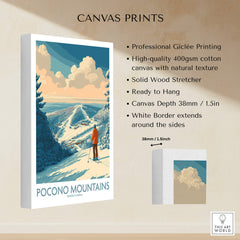 Pocono Mountains ski canvas print with skier, snowy landscape, and vintage travel poster style.