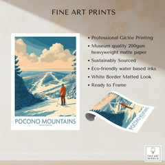 Pocono Mountains travel poster print showing skier on snowy slope with scenic winter landscape.